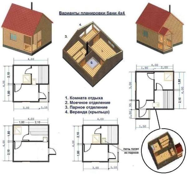 Проект бани 4 на 4 с верандой Проект бани 4 на 4 с верандой